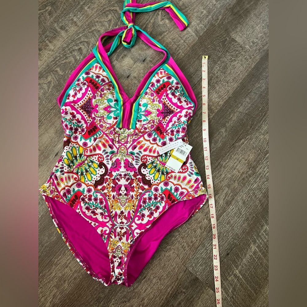 NWT Trina Turk Hawaiian Garden Border Halter Plunge One Piece Swimsuit-Size 14 - Picture 8 of 9